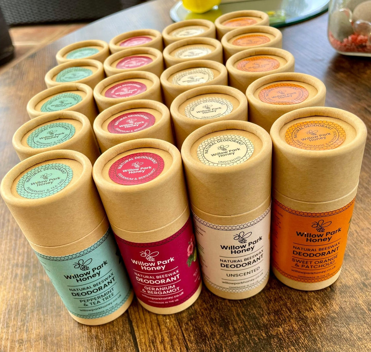 Willow Park Honey beeswax deodorants: Peppermint & Tea Tree, Geranium & Bergamot, Unscented and Sweet Orange & Patchouli