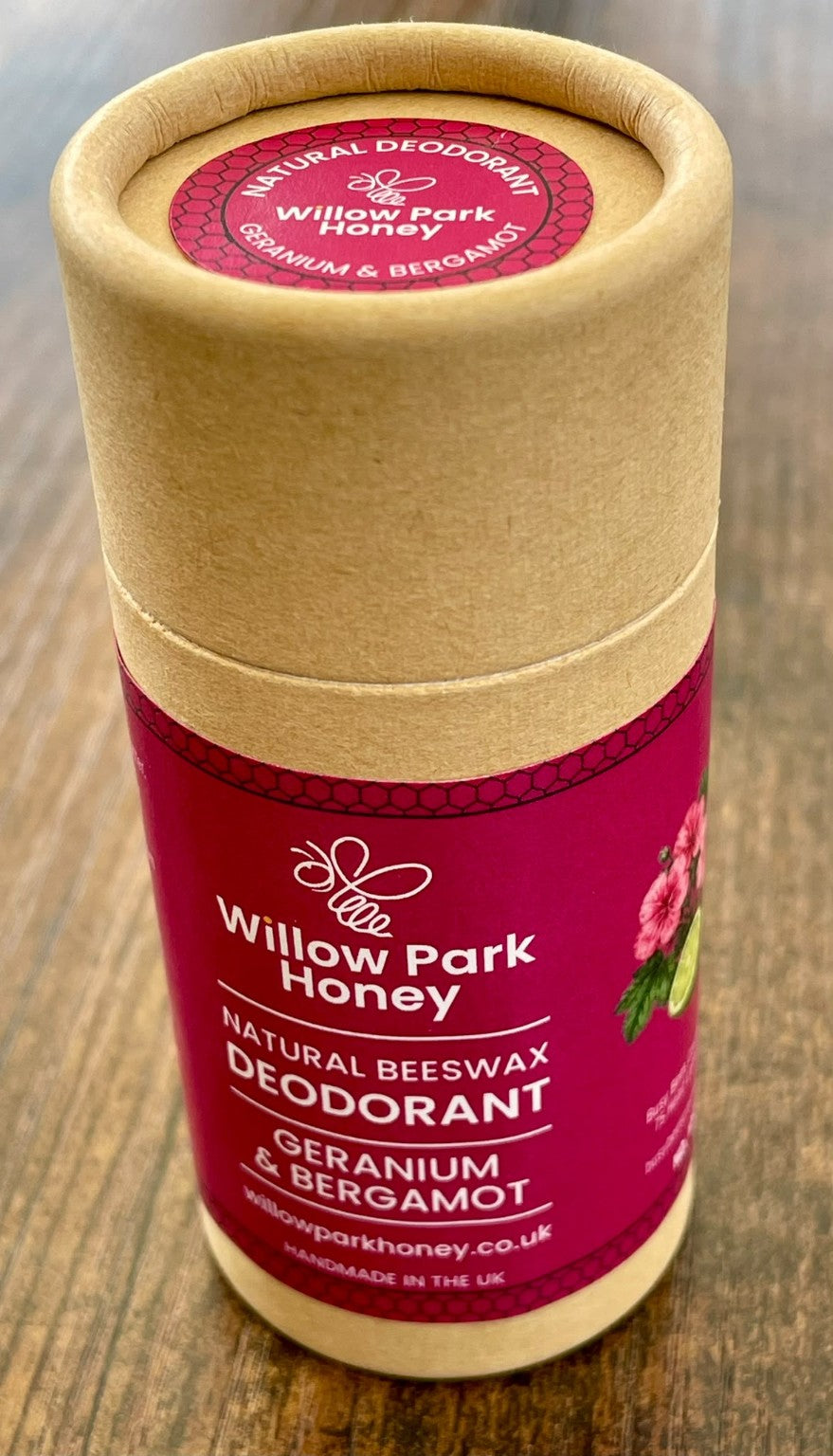 Geranium & Bergamot natural beeswax deodorant by Willow Park Honey in a cardboard tube