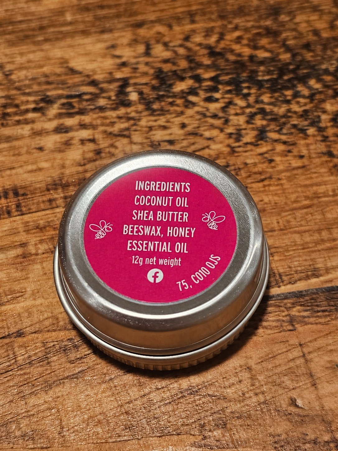 Geranium Beeswax Lip Balm 12g showing the ingredients label on the back