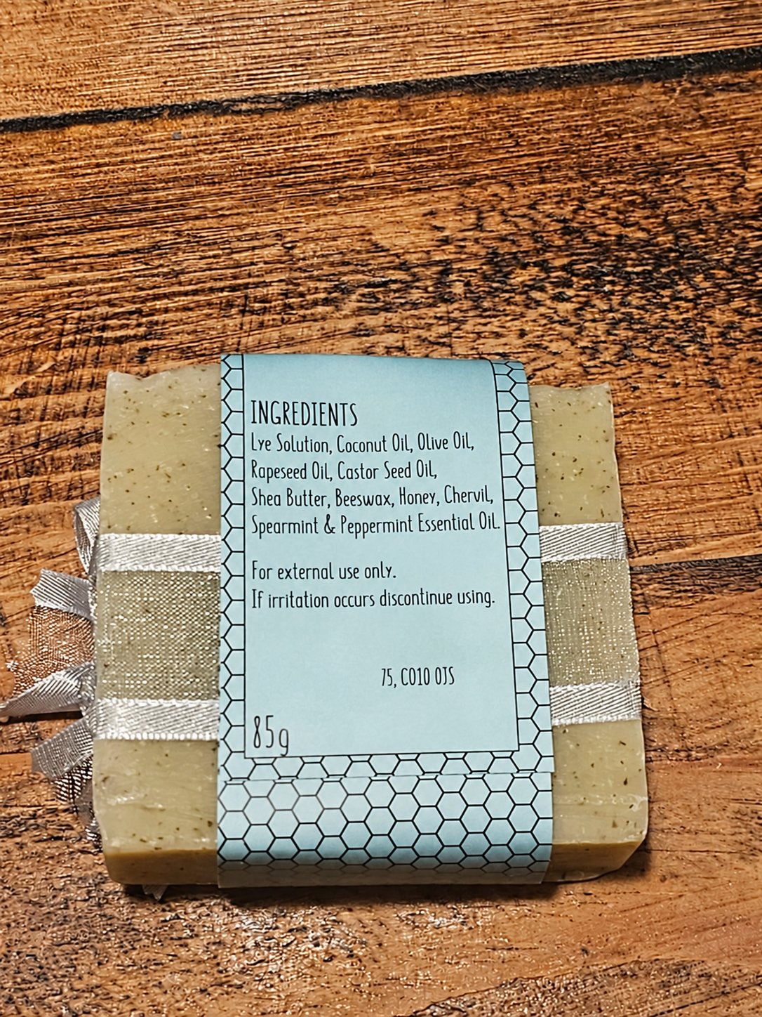 Mint & Chervil Honey Soap 85g showing the ingredients label on the back