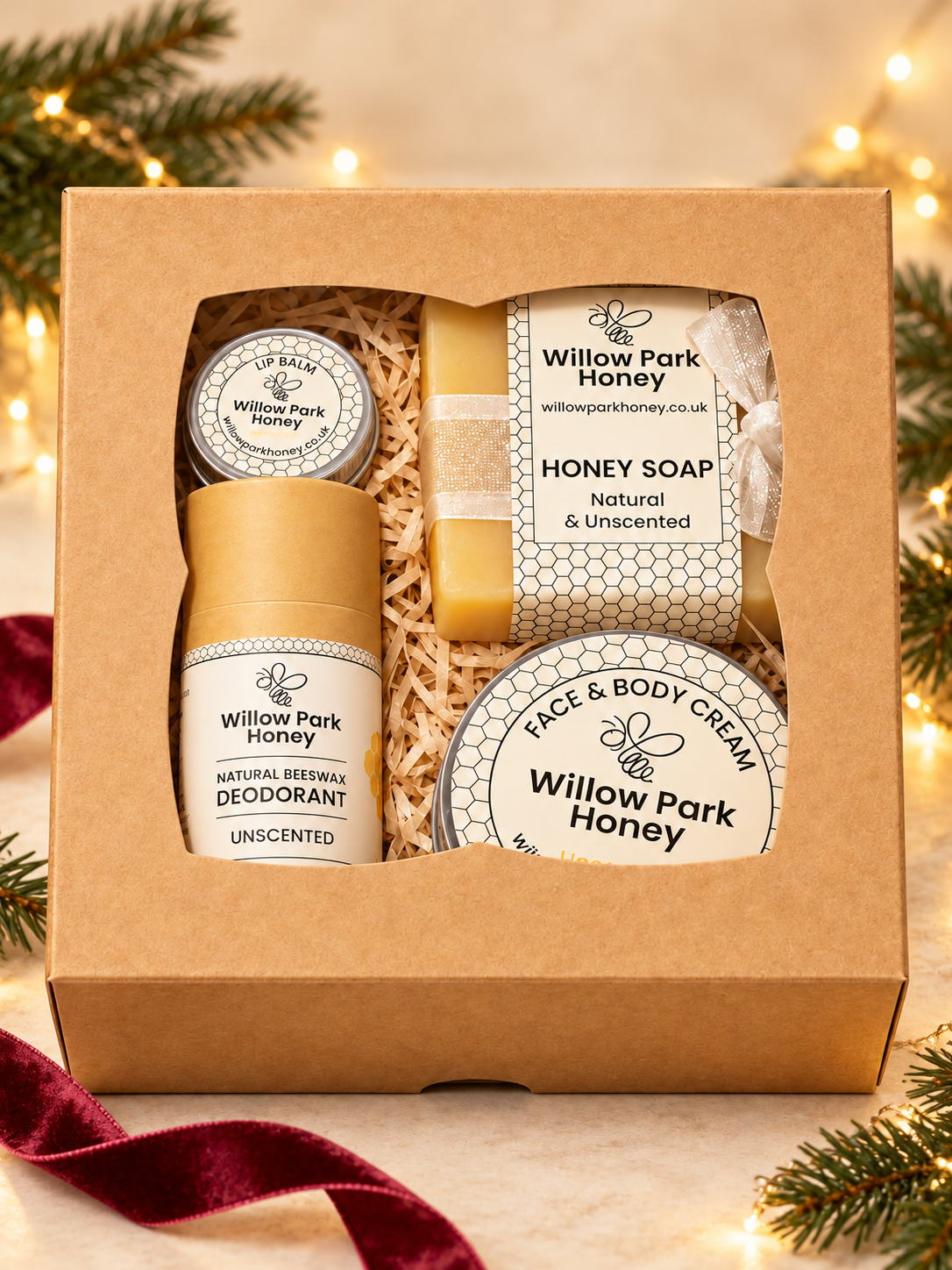 Unscented Christmas gift set with pine sprigs, warm fairy lights and burgundy ribbon