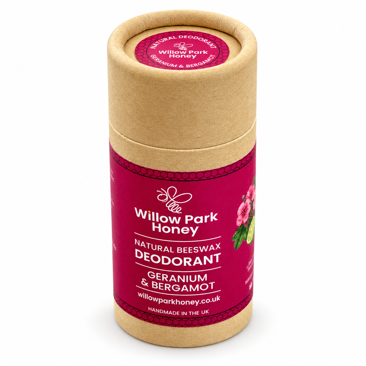 Geranium & Bergamot Beeswax Deodorant by Willow Park Honey on a clean white background