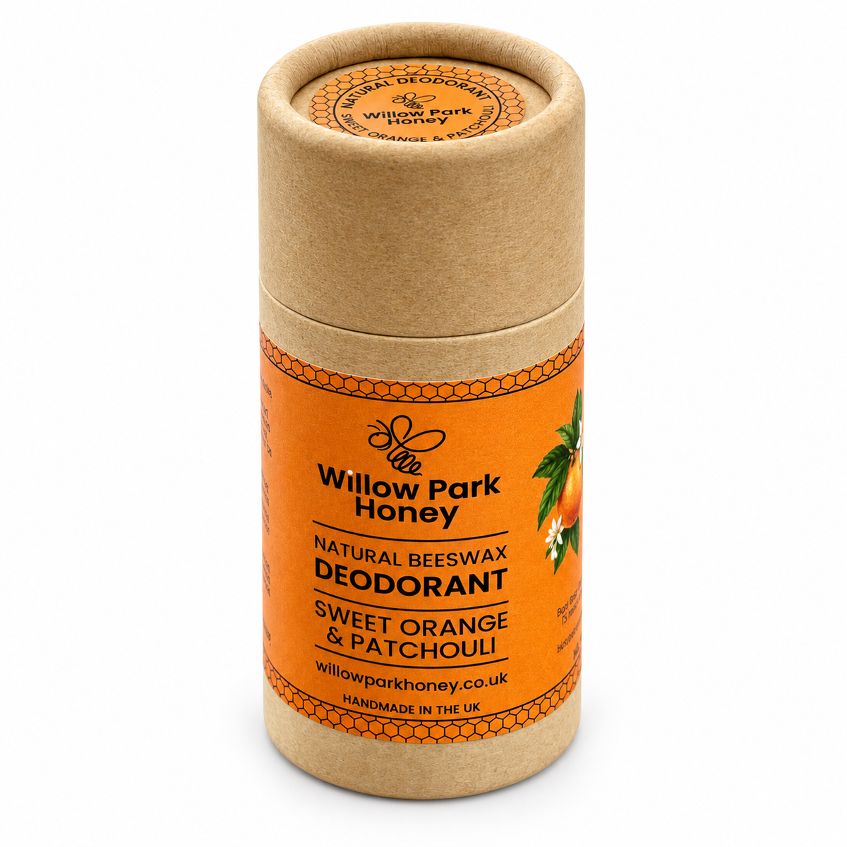 Sweet Orange & Patchouli Beeswax Deodorant by Willow Park Honey on a clean white background