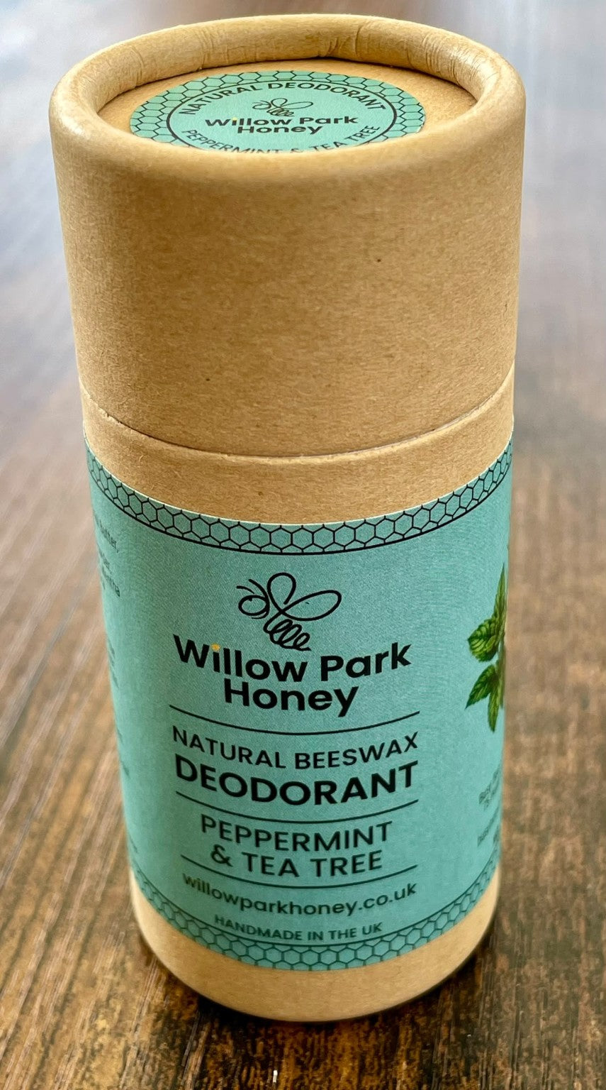 Peppermint & Tea Tree natural beeswax deodorant by Willow Park Honey in a cardboard tube